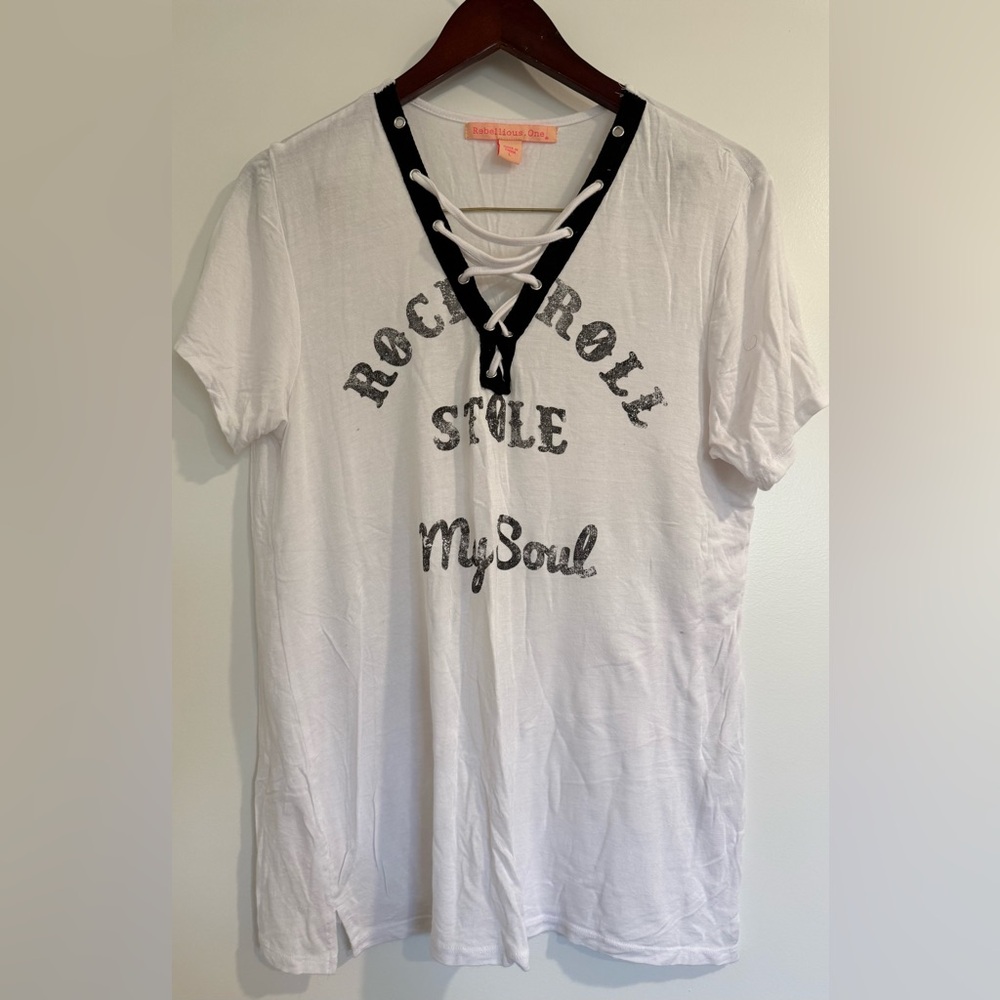 Rebellious One White Tee with Pink Label